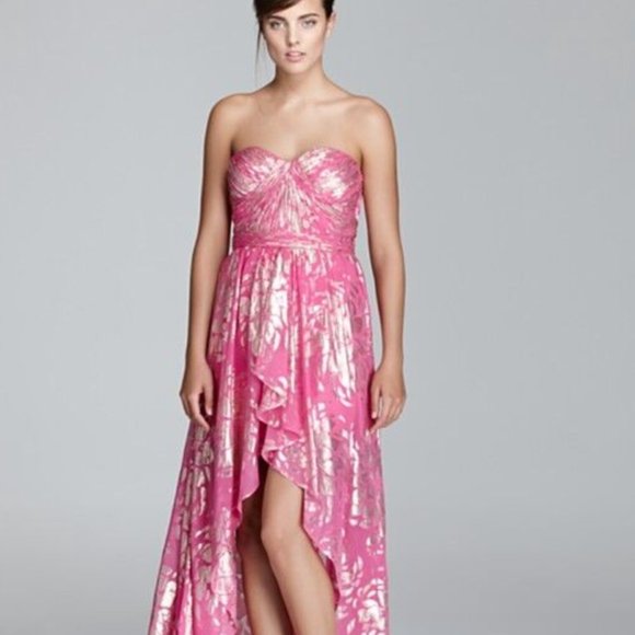 AQUA ~ Pink Foiled Chiffon Sweetheart Strapless Hi-Low Formal Gown 8 NEW - Picture 1 of 7